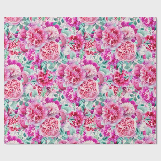Waterverf Lush Pink Peonies & Green Blauwgroen Lea Cadeaupapier (Vlak)