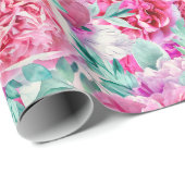 Waterverf Lush Pink Peonies & Green Blauwgroen Lea Cadeaupapier (Rol Hoek)