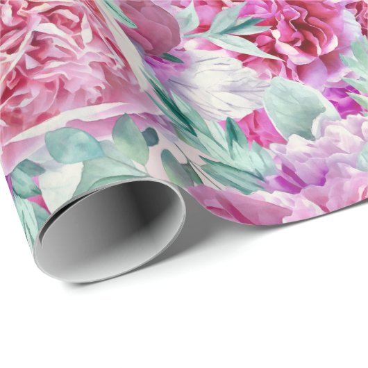Waterverf Lush Pink Peonies & Green Blauwgroen Lea Cadeaupapier (Rol Hoek)