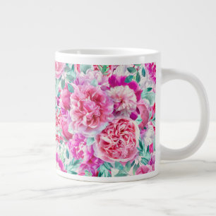 Waterverf Lush Pink Peonies & Green Blauwgroen Lea Grote Koffiekop