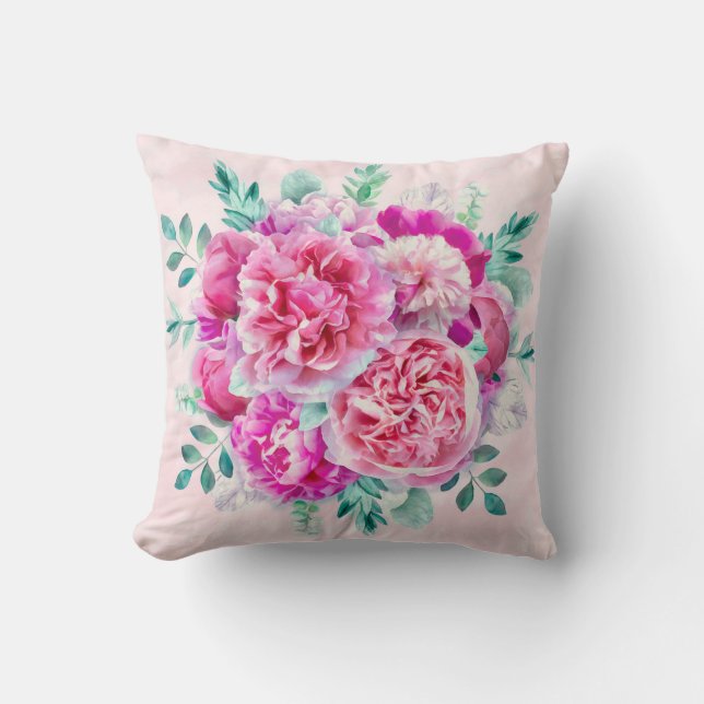 Waterverf Lush Pink Peonies & Green Blauwgroen Lea Kussen (Voorkant)