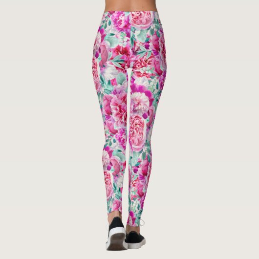 Waterverf Lush Pink Peonies & Green Blauwgroen Lea Leggings (Achterkant)