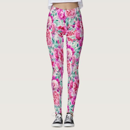 Waterverf Lush Pink Peonies & Green Blauwgroen Lea Leggings (Voorkant)