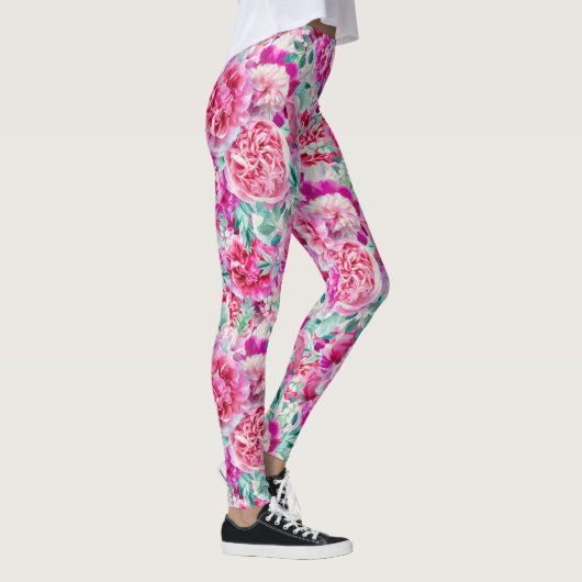 Waterverf Lush Pink Peonies & Green Blauwgroen Lea Leggings (Rechts)