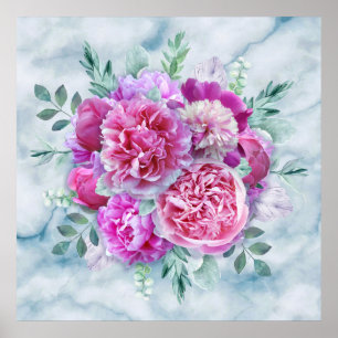 Waterverf Lush Pink Peonies & Green Blauwgroen Lea Poster