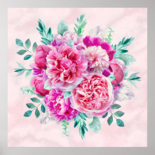 Waterverf Lush Pink Peonies & Green Blauwgroen Lea Poster