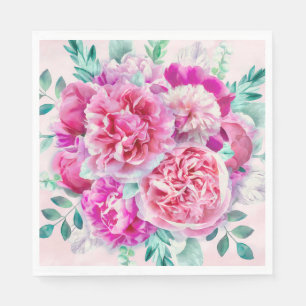 Waterverf Lush Pink Peonies & Green Blauwgroen Lea Servet