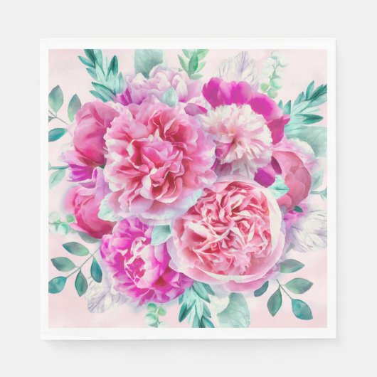 Waterverf Lush Pink Peonies & Green Blauwgroen Lea Servet (Voorkant)
