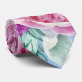 Waterverf Lush Pink Peonies & Green Blauwgroen Lea Stropdas (Opgerold)