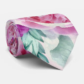 Waterverf Lush Pink Peonies & Green Blauwgroen Lea Stropdas (Opgerold)