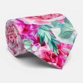 Waterverf Lush Pink Peonies & Green Blauwgroen Lea Stropdas (Opgerold)