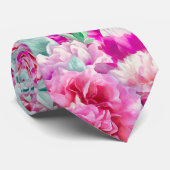 Waterverf Lush Pink Peonies & Green Blauwgroen Lea Stropdas (Opgerold)