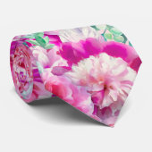 Waterverf Lush Pink Peonies & Green Blauwgroen Lea Stropdas (Opgerold)