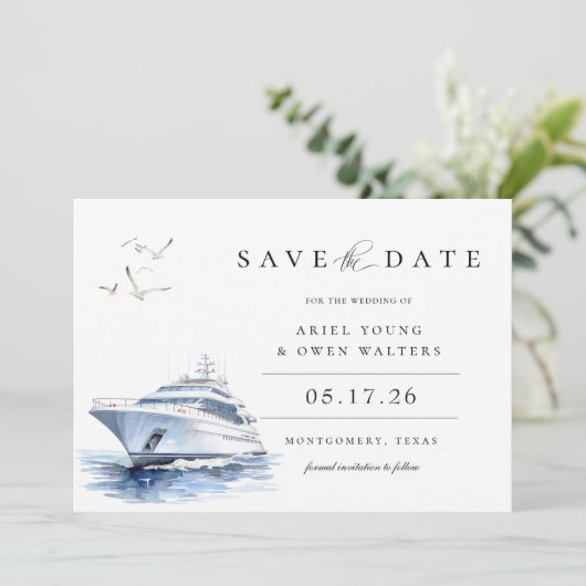 Waterverf luxe jacht nautisch opslaan van de datum aankondiging (Staand voorkant)