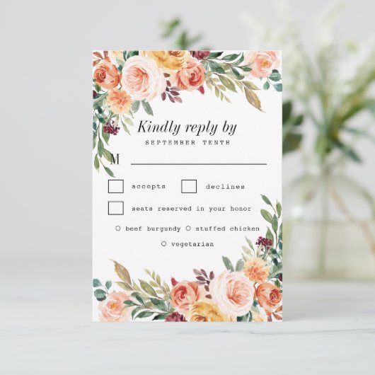 Waterverf Maaltijdkeuze Blush Bourgogne Bruiloft RSVP Kaartje (Staand voorkant)