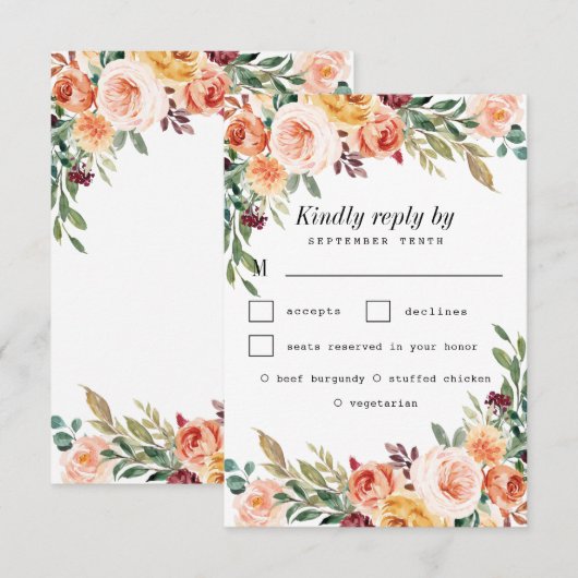 Waterverf Maaltijdkeuze Blush Bourgogne Bruiloft RSVP Kaartje (Voorkant / Achterkant)