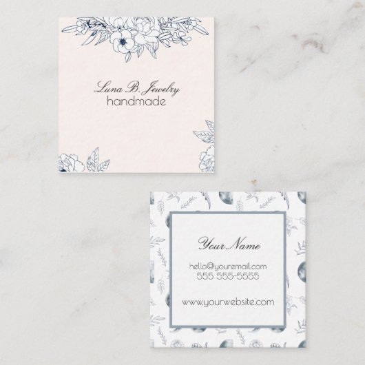 Waterverf Maan en Botanische Kunst Blauwe Grijs Vierkante Visitekaartje (Voorkant / Achterkant)