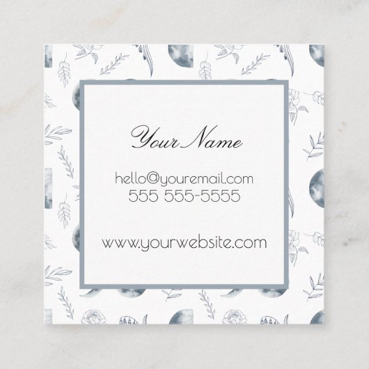 Waterverf Maan en Botanische Kunst Blauwe Grijs Vierkante Visitekaartje (Achterkant)