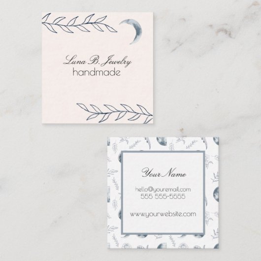 Waterverf Maan en Botanische Kunst Blauwe Grijs Vierkante Visitekaartje (Voorkant / Achterkant)