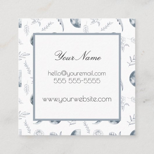 Waterverf Maan en Botanische Kunst Blauwe Grijs Vierkante Visitekaartje (Achterkant)