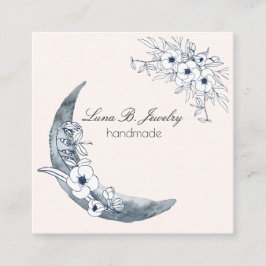 Waterverf Maan en Botanische Kunst Blauwe Grijs Vierkante Visitekaartje