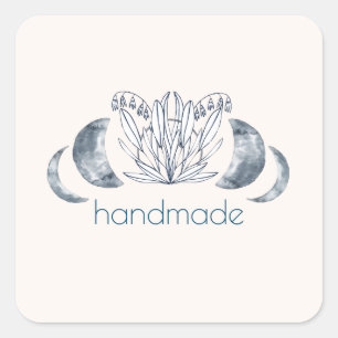 Waterverf maanfase & botanische kunst blauw-grijs vierkante sticker