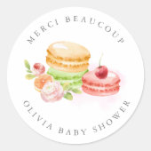 Waterverf Macarons met Cherry Merci Beaucoup Ronde Sticker (Voorkant)