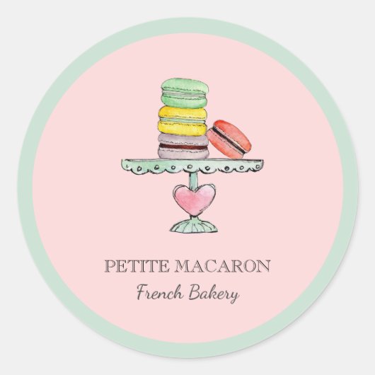 Waterverf Macarons Op Cake stand Roze bakkerij Ronde Sticker (Voorkant)