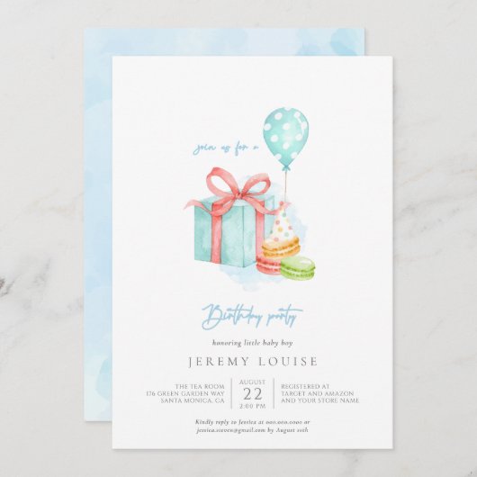 Waterverf Macaroons Baby Boy Birthday Party Invit Kaart (Voorkant / Achterkant)