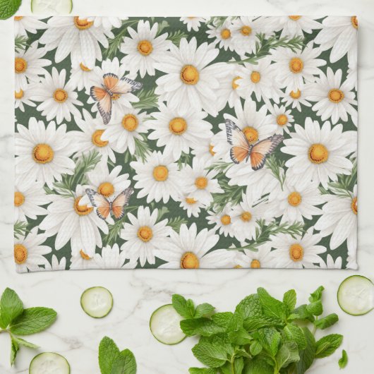 Waterverf madeliefjes en monarchvlinders theedoek (Gevouwen)
