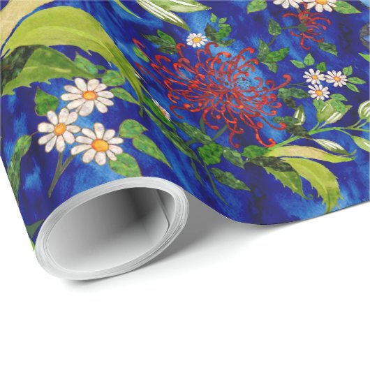 Waterverf madeliefjes en vlinders blauw cadeaupapier (Rol Hoek)