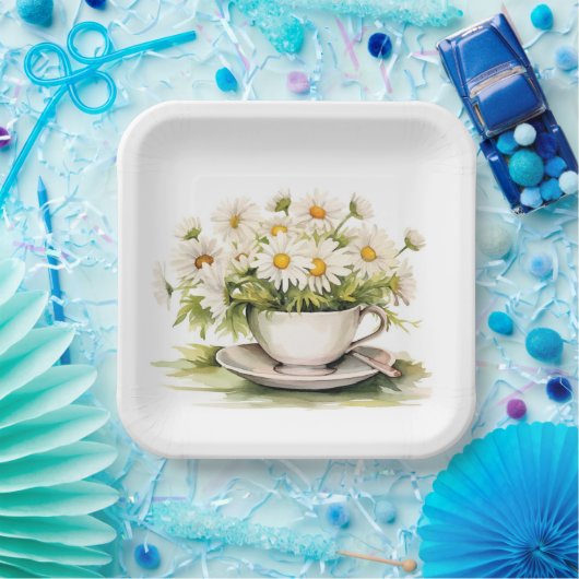 Waterverf madeliefjes in koffiekopje papieren bordje (Feest)