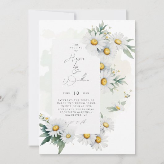 Waterverf madeliefjes off-centered bruiloft kaart (Voorkant)