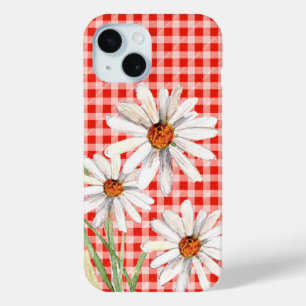 Waterverf madeliefjes op gingham iPhone 15 case