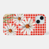 Waterverf Madeliefjes Op Gingham iPhone 15 Case (Achterkant horizontaal)