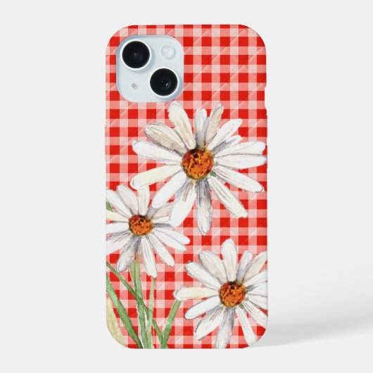 Waterverf Madeliefjes Op Gingham iPhone 15 Case (Achterkant)