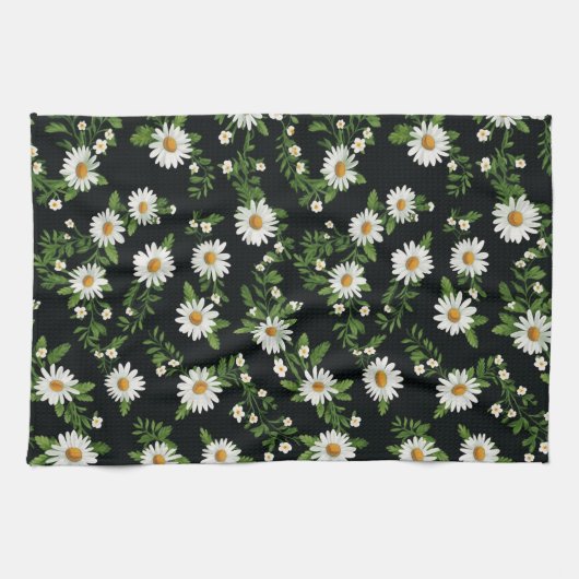 Waterverf madeliefjes op zwart theedoek (Horizontaal)