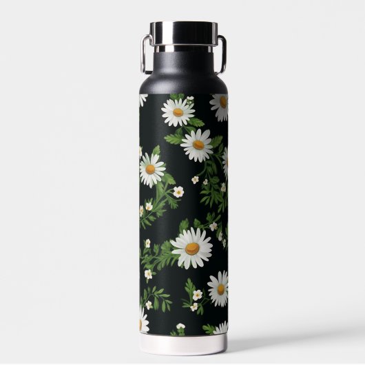 Waterverf madeliefjes op zwart waterfles (Voorkant)