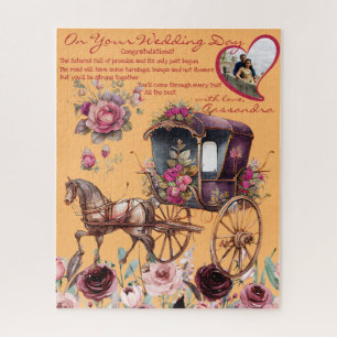 Waterverf Magenta Floral Carriage Passen getrouwd Legpuzzel