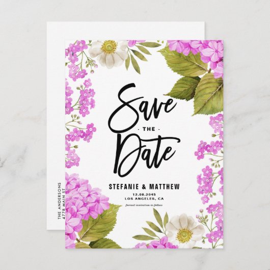 Waterverf Magenta Hydrangea Floral Save the Date Aankondigingskaart (Voorkant / Achterkant)