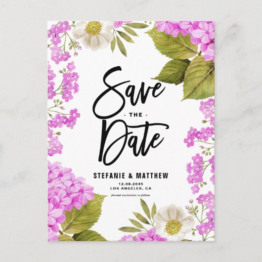 Waterverf Magenta Hydrangea Floral Save the Date Aankondigingskaart (Voorkant)