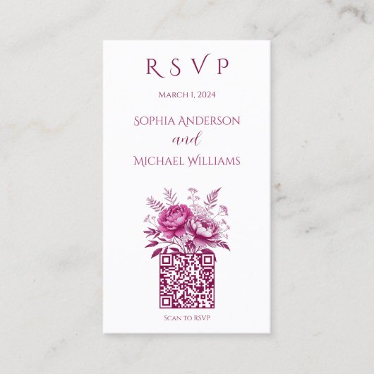 Waterverf Magenta Peony-RSVP-QR-code Visitekaartje (Voorkant)