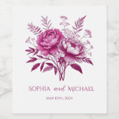 Waterverf Magenta Pioen-bruiloft Wijn Etiket (Enkel label)