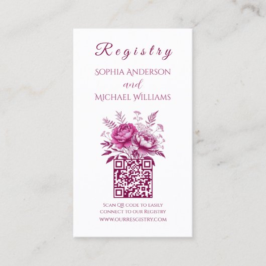 Waterverf Magenta Pioen - Registry-Honeymoon Visitekaartje (Voorkant)