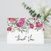 Waterverf magenta pioenen groen bruiloft bedankkaart (Staand voorkant)