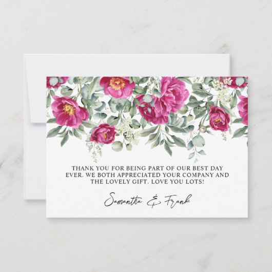 Waterverf magenta pioenen groen bruiloft bedankkaart (Achterkant)