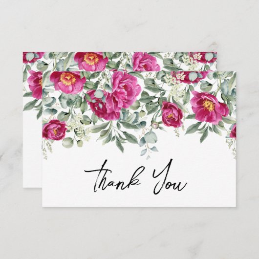 Waterverf magenta pioenen groen bruiloft bedankkaart (Voorkant / Achterkant)