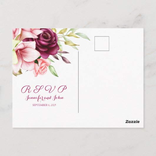 Waterverf Magenta Red Amaryllis Floral Wedding Briefkaart (Achterkant)