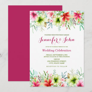 Waterverf Magenta Red Amaryllis Floral Wedding Kaart