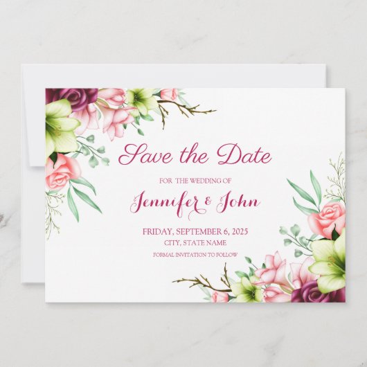 Waterverf Magenta Rode Amaryllis Bloemige Bruiloft Save The Date (Voorkant)